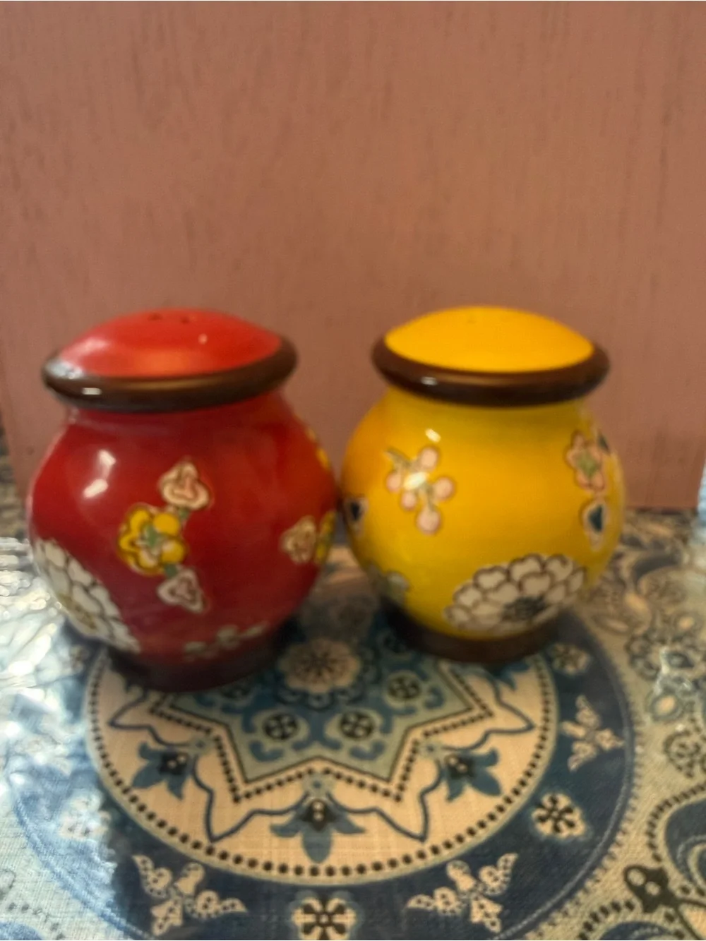 Vintage Hand-Painted Red iand Yellow Floral Ceramic Salt and Pepper Shakers